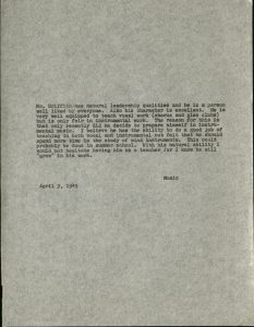 A scanned image from April 9, 1949, of a positive recommendation written on Andy Griffith's behalf.