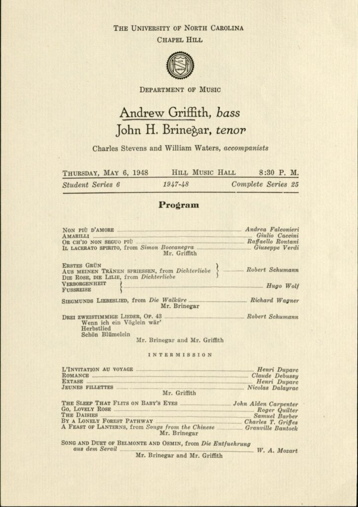 Scan of event program from 1948, where Andy Griffith played the bass for a student showcase at the UNC Department of Music.