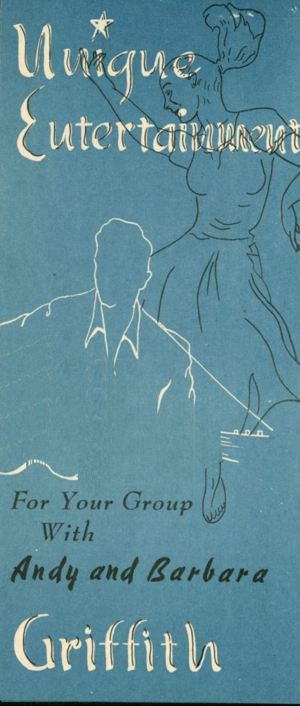 The front of an event pamphlet titled "Unique Entertainment: For Your Group With Andy and Barbara Griffith".
