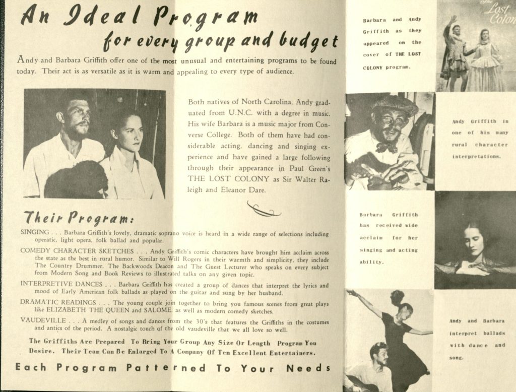 A spread of the "Unique Entertainment" program pamphlet. It includes details about the singing, comedy sketches, dances, and readings that the program included.