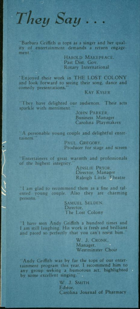 Scan of a page in the "Unique Entertainment" pamphlet, with quotes from local directors, producers, and editors sharing positive remarks about the program.