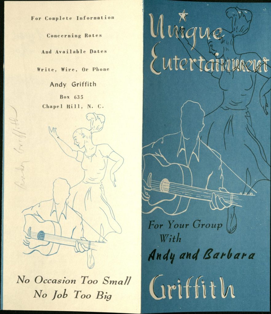 Scan of the back and front pages of the "Unique Entertainment" program pamphlet, includes a line drawing of Andy Griffith playing the guitar as Barbara Griffith dances behind him.