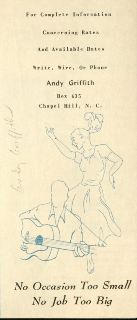 The back page of the "Unique Entertainment" program pamphlet, includes a line drawing of Andy Griffith playing the guitar as Barbara Griffith dances behind him.