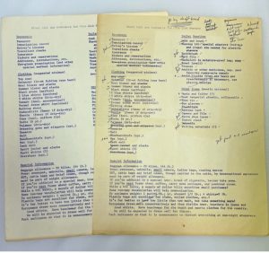 Two copies of the typed packing list given to Varsity Glee Club members for the summer 1966 Europe trip, circa May 1966. One is annotated by hand, the other is a plain copy. The annotated copy is yellowed.