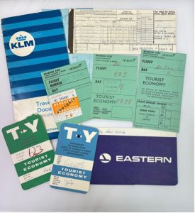 Photograph of airline tickets and ticket folders from 1966 European tour.